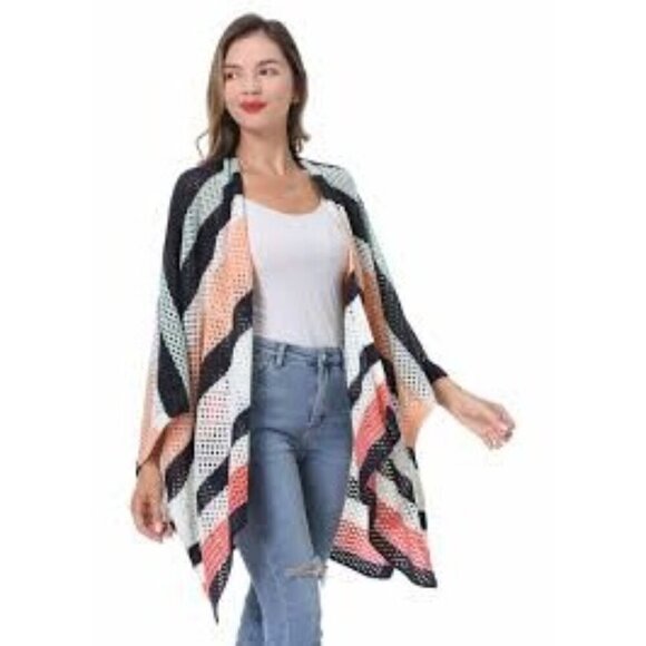 Anthropologie Roffe Stripe Crochet Kimono poncho Cardigan  One Size - Picture 1 of 8